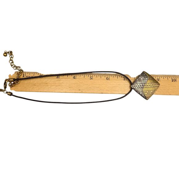 Chicos Choker Pendant Necklace Aztec Design Metal Silver Gold Tone Black Leather - Picture 7 of 8